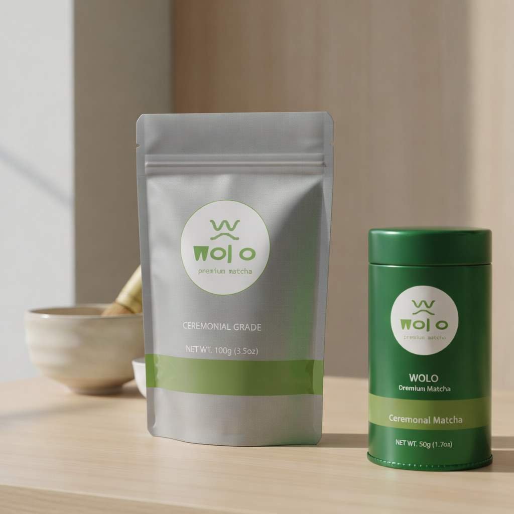 Custom organic matcha packaging tins and pouches for OEM private label