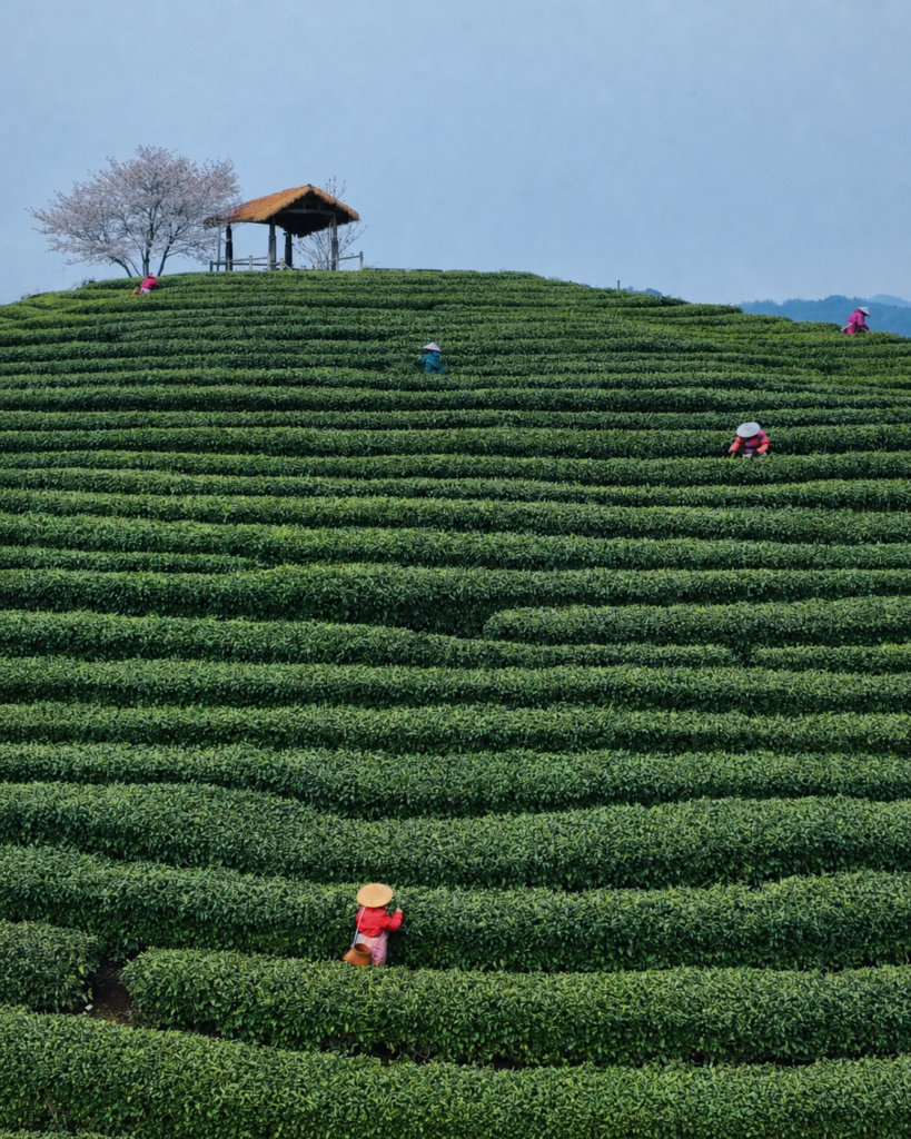 Tea workers harvesting fresh leaves at a tea garden in China