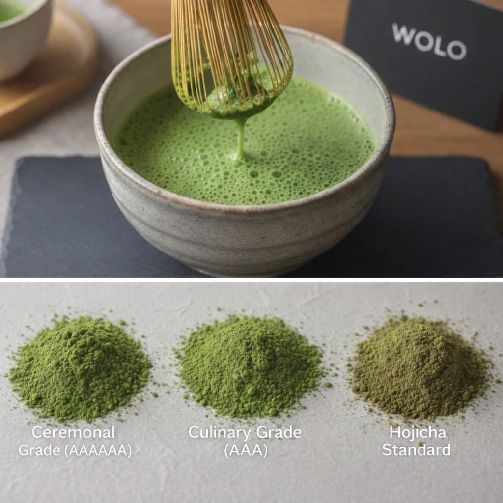 Comparison of ceremonial grade matcha, culinary matcha, and hojicha powder for wholesale
