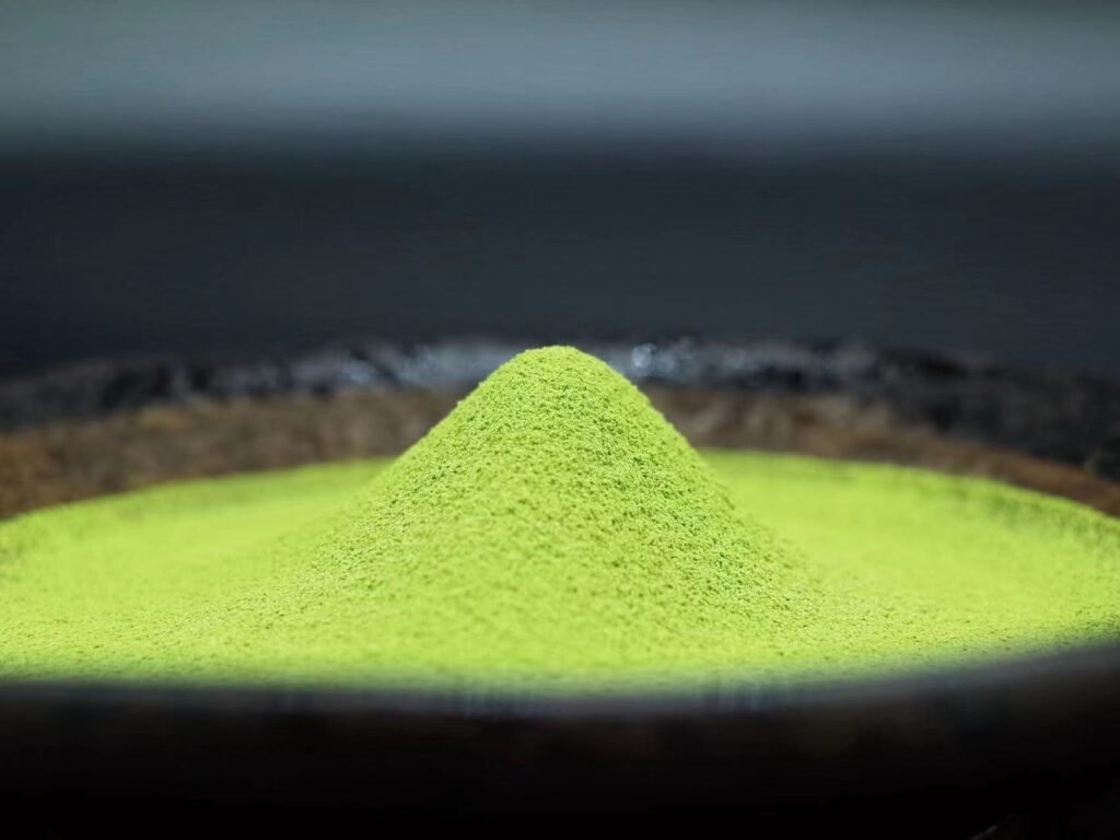 Bright forest green premium drinking grade matcha powder for lattes and iced tea
