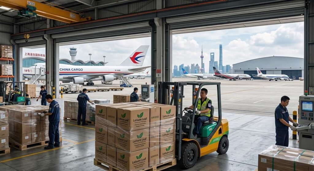 Workers and a forklift at Shanghai Pudong International Airport (PVG) cargo terminal move a pallet of 'Leisure Leaf' branded matcha powder boxes, with a China Cargo aircraft in the background.