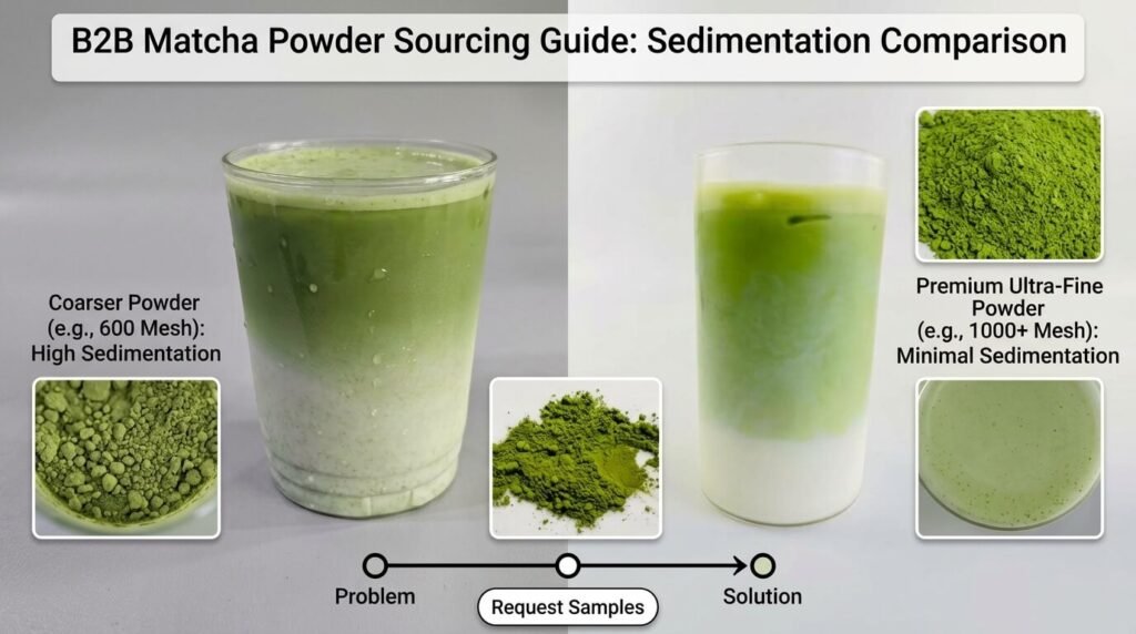 B2B matcha powder sourcing guide comparing 600 mesh coarse powder sedimentation vs 1000 mesh ultra-fine matcha solubility in drinks